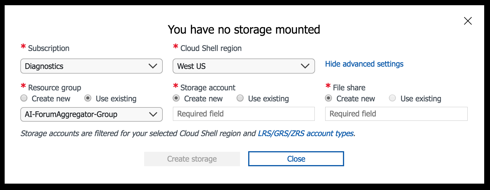 CloudShell の既存のリソースの使用