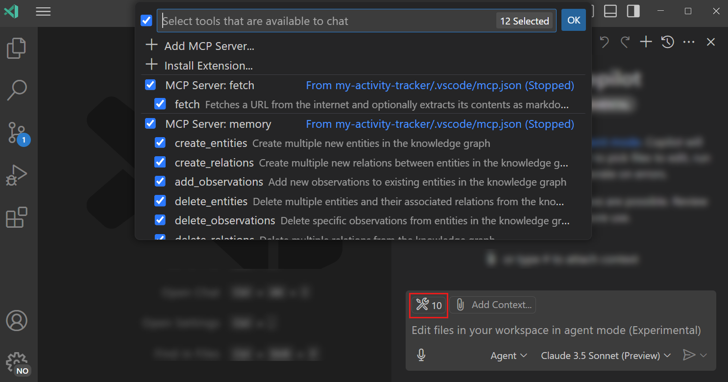 Copilot Edits ビューのスクリーンショット。チャット入力欄の Tools アイコンが強調表示されている様子。