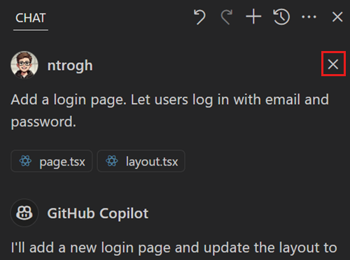 Copilot Edits ビューのスクリーンショット。特定のリクエストに対する Undo Edits コントロールが強調表示されている様子。