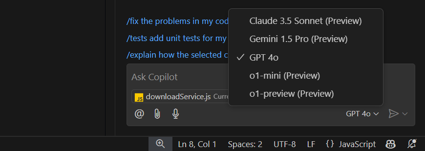 VS Code の AI モデル選択メニュー。