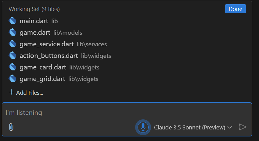 ファイルリストと音声入力がアクティブな VS Code。